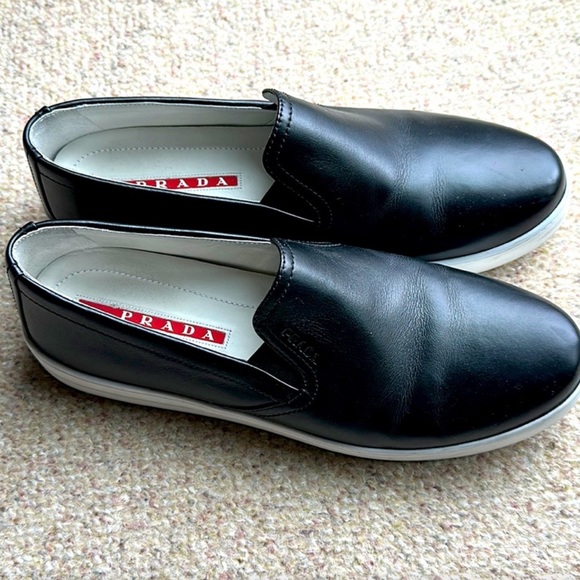 PRADA Black Leather Slip-on Shoes with White Soles Sz 40 US fits between 9-9.5. - Picture 3 of 6